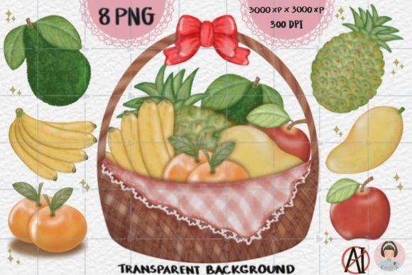 Basket with Fruits Hand Drawn Watercolor