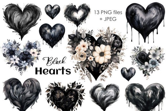 Black Hearts PNG Valentines Clipart: Design Assets