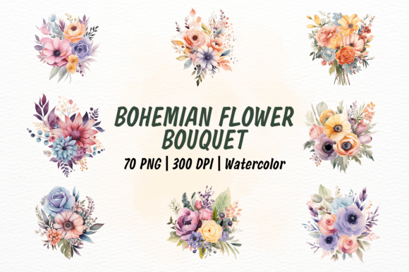 Bohemian Flower Bouquet Watercolor Set for Designers