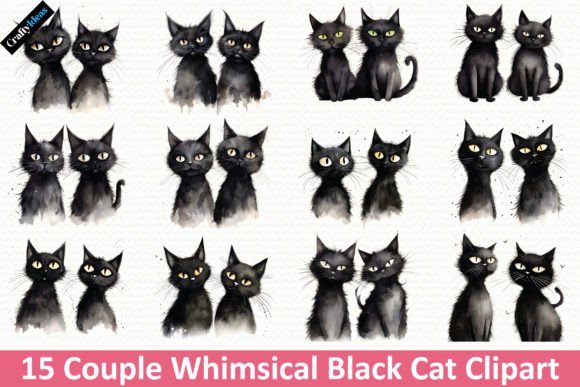 Couple Whimsical Black Cat Clipart