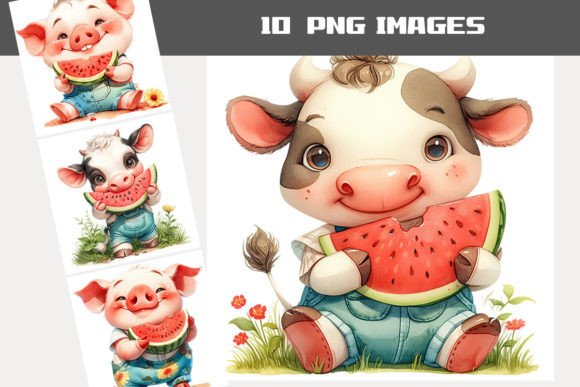 Cow and Pig Eating Watermelon Clipart: A Playful Design Asset