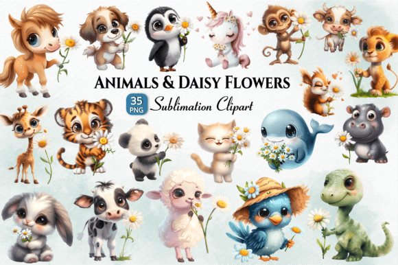 Cute Animals Daisy Sublimation Clipart for Creative Projects