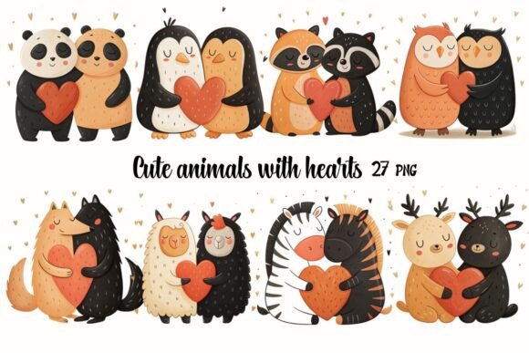 Cute Animals Valentine Day Clipart: Design Assets with Heart