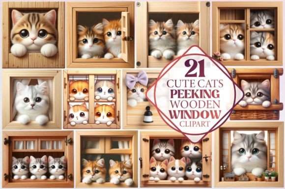 Cute Cats Peeking Wooden Window Clipart