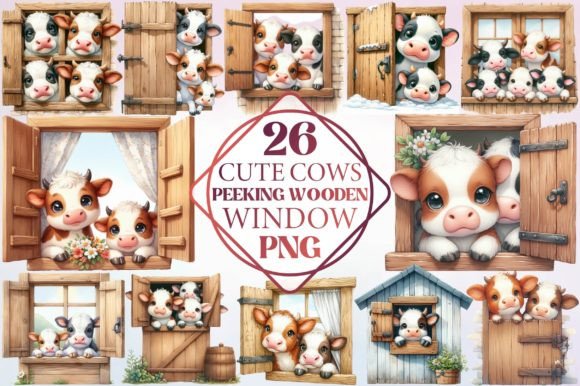Cute Cows Peeking Wooden Window: A Playful Display Font with Rustic Charm