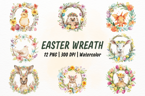 Easter Wreath Watercolor Clipart Bundle