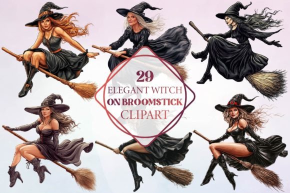Elegant Witch on Broomstick Clipart in Modern Design