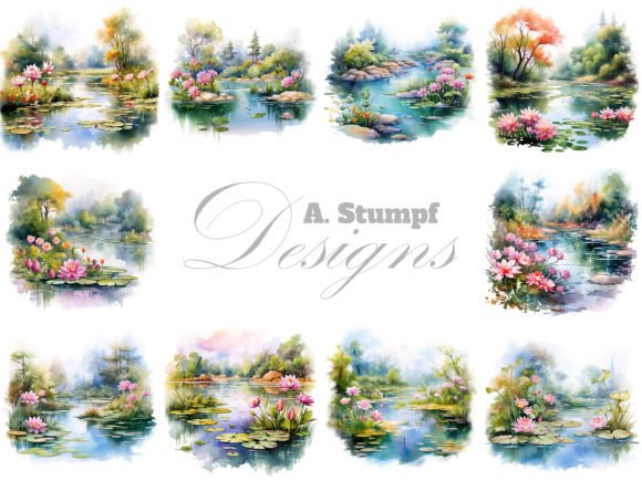 Floral Pond Clipart Nature Landscape Set