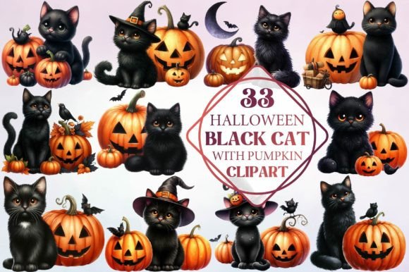 Halloween Black Cat with Pumpkin Clipart