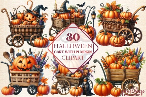 Halloween Cart with Pumpkin Clipart