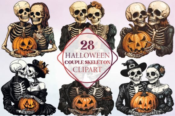 Halloween Couple Skeleton Clipart for Spooky Branding and Design