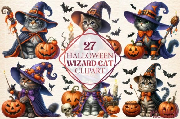 Halloween Wizard Cat Clipart: Spellbinding Design Asset