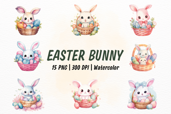 Kawaii Easter Bunny Watercolor Clipart for Playful Branding