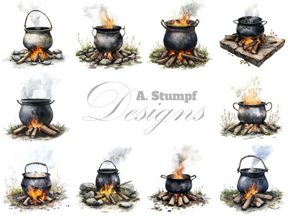 Medieval Cauldron Campfire Clipart Set