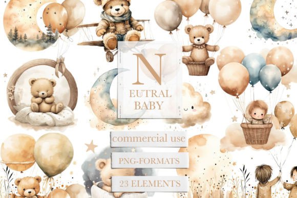Neutral Baby Clipart and Baby Teddy Bear Design Assets