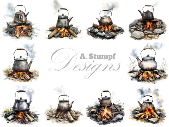 Old Medieval Kettle Campfire Clipart Set for Design Projects