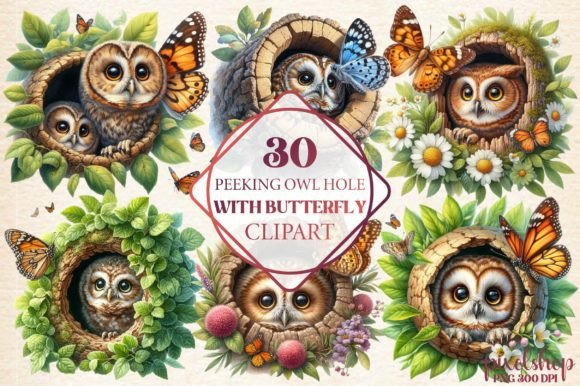 Peeking Owl Hole with Butterfly Clipart for Creative Projects