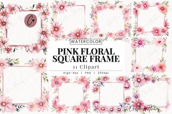Pink Floral Square Frames Clipart for Branding and Design