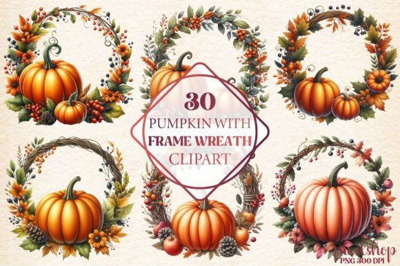 Pumpkin with Frame Wreath Clipart: Your Seasonal Design Shortcut