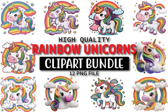 Rainbow Unicorns Clipart Bundle
