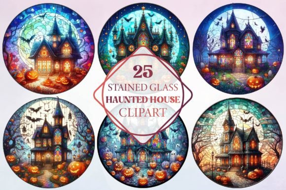 Stained Glass Haunted House Clipart for Designers