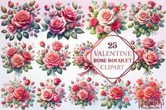 Valentine Rose Bouquet Clipart: Romantic Design Asset
