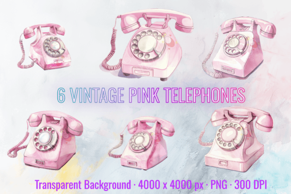Vintage Pink Telephone Retro Clipart Set