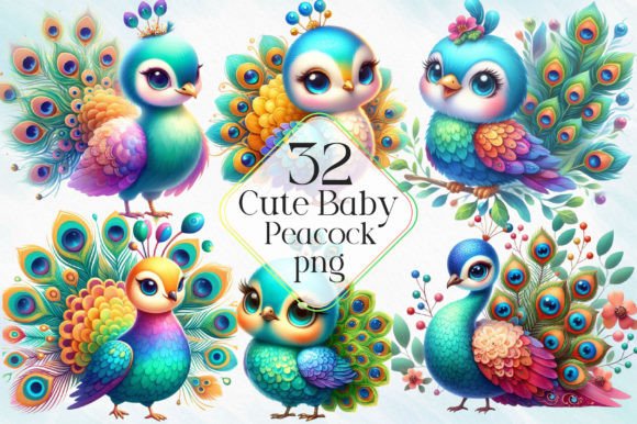 Watercolor Cute Baby Peacock Clipart
