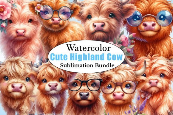 Watercolor Cute Highland Cow PNG Clipart