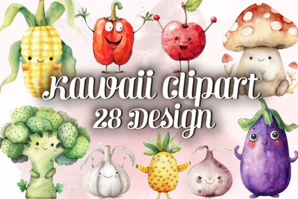 Watercolor Kawaii Fruits & Vegetables in Modern Design