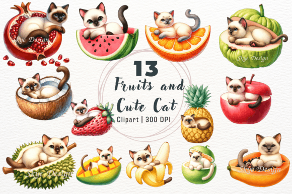 Watercolor Summer Fruits and Cat Clipart for Creative Projects